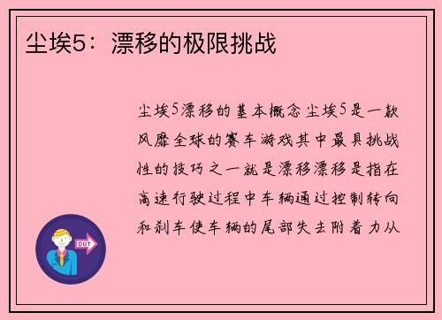 尘埃5：漂移的极限挑战